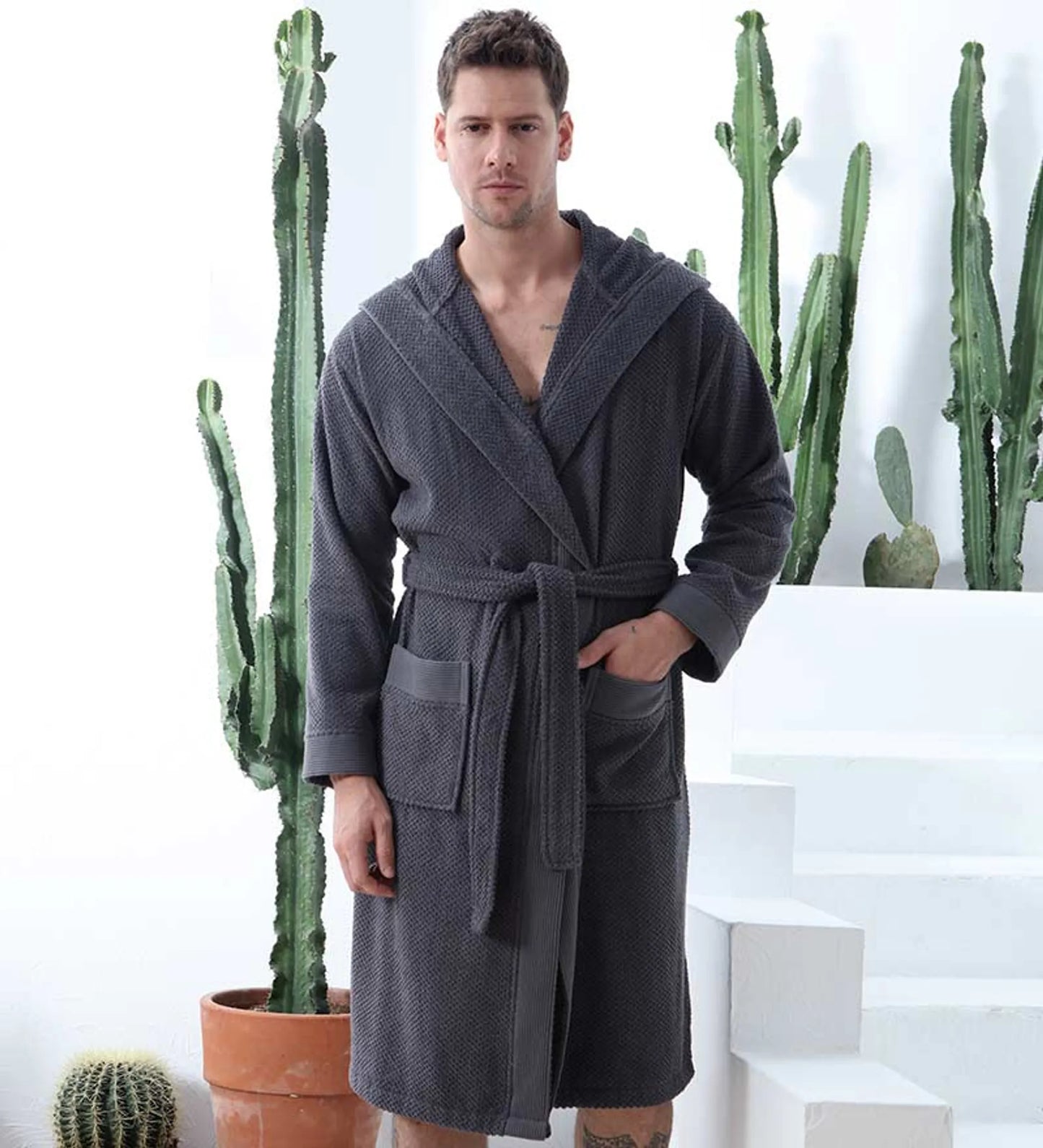 Lifteno Men’s Luxury Turkish Cotton Hooded Terry Bathrobe