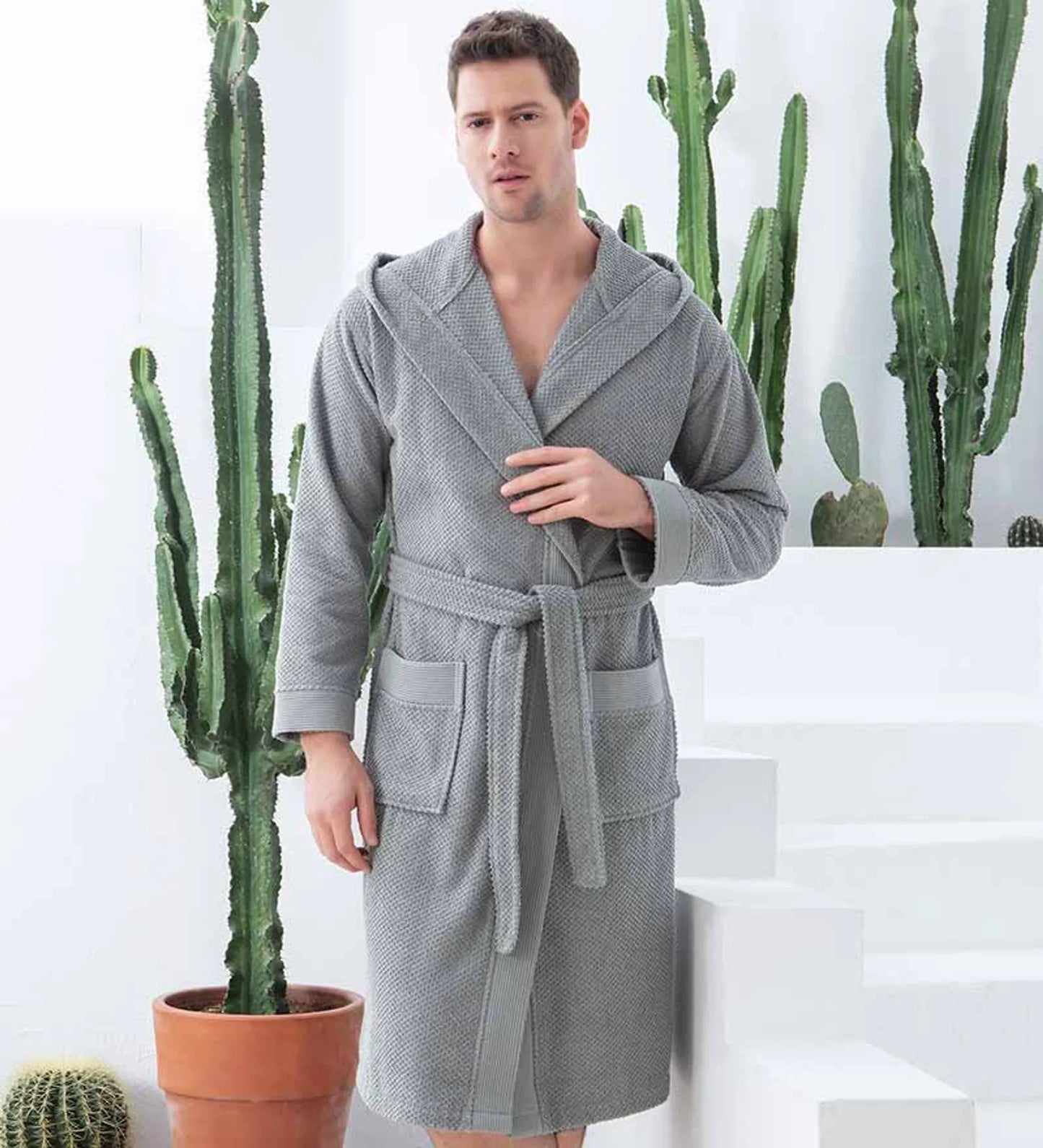 Lifteno Men’s Luxury Turkish Cotton Hooded Terry Bathrobe