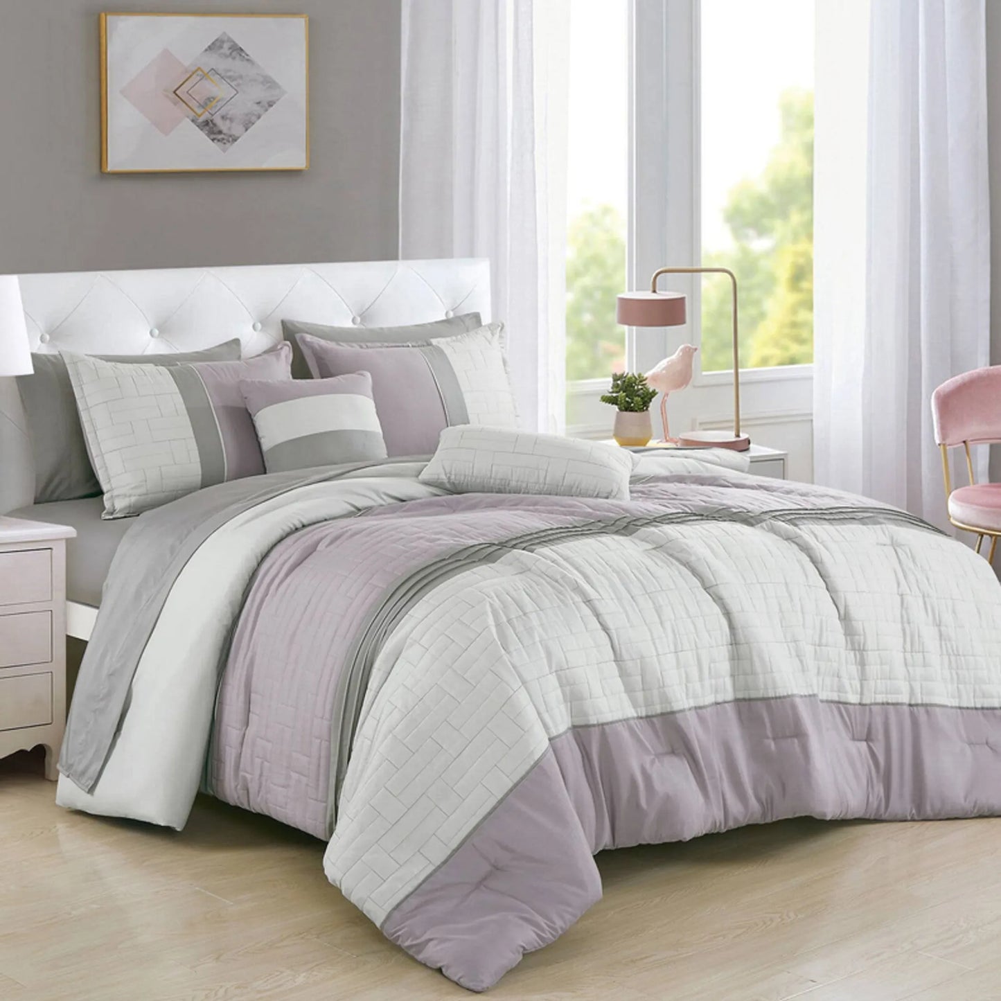 9 Piece Comforter Set Lavender Grey Modern Striped Bedding
