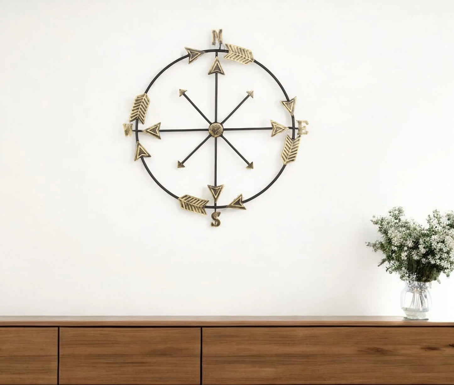 Lifteno 26" x 25" Compass Wall Decor – Distressed Brass and Black Metal, Industrial Nautical Art