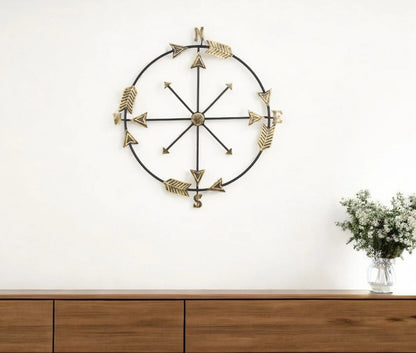Lifteno 26" x 25" Compass Wall Decor – Distressed Brass and Black Metal, Industrial Nautical Art