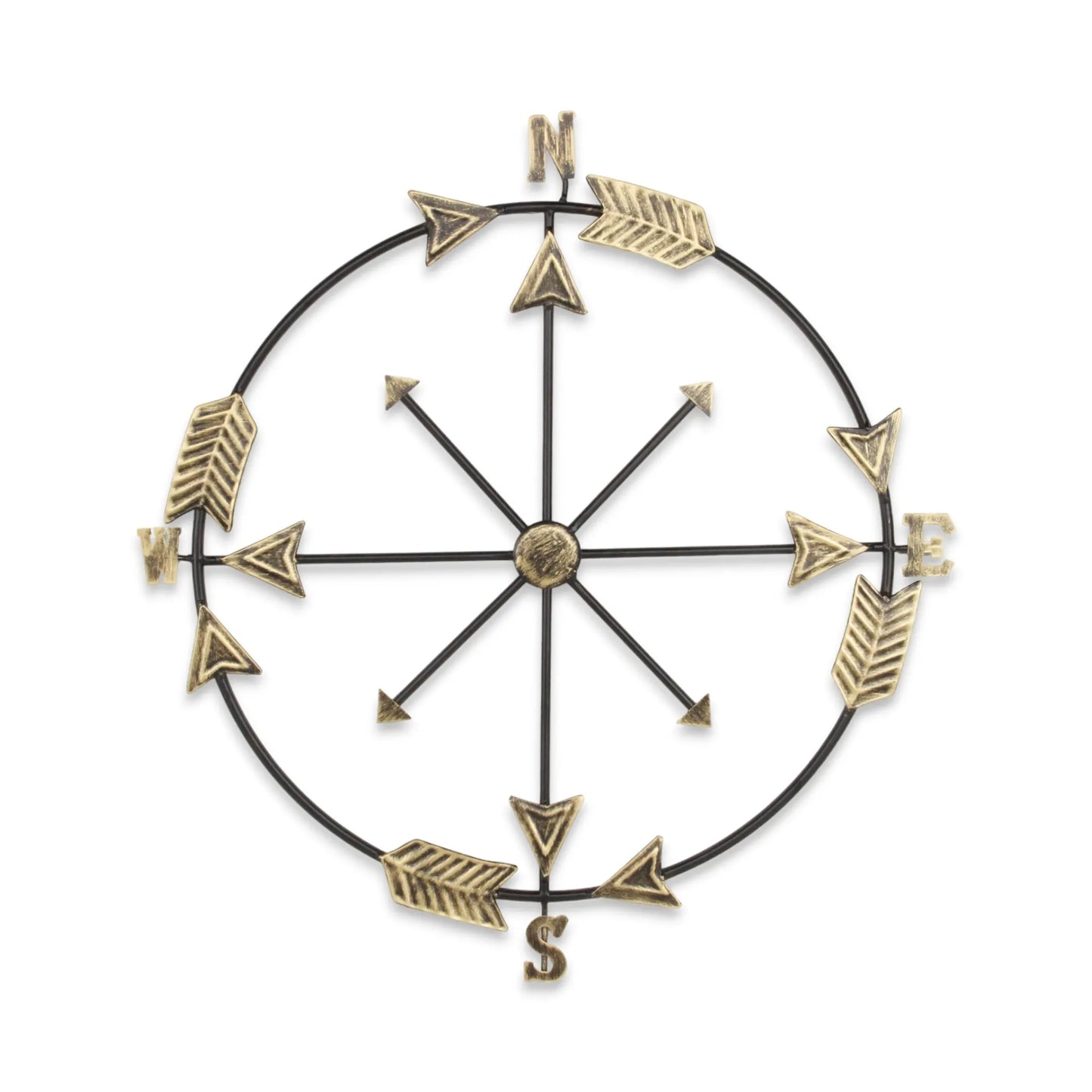 Lifteno 26" x 25" Compass Wall Decor – Distressed Brass and Black Metal, Industrial Nautical Art