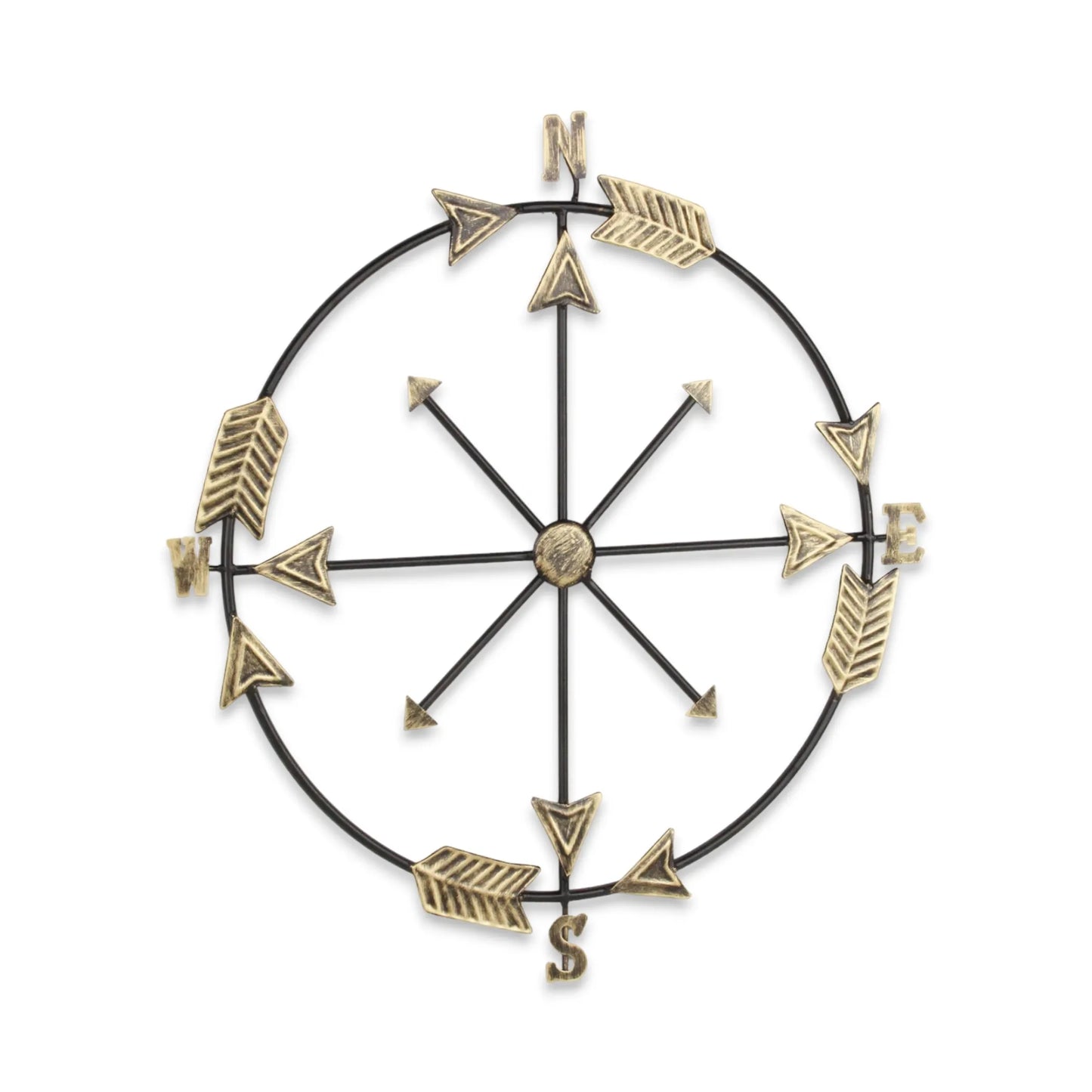 Lifteno 26" x 25" Compass Wall Decor – Distressed Brass and Black Metal, Industrial Nautical Art