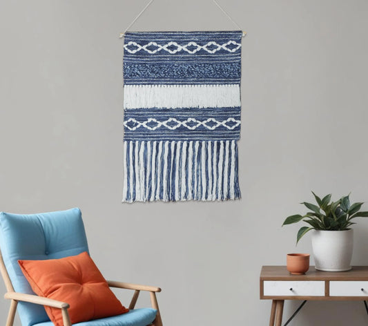 Lifteno 26" x 51" Geometric Macrame Wall Hanging – Denim Blue & White Cotton Tapestry