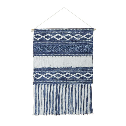 Lifteno 26" x 51" Geometric Macrame Wall Hanging – Denim Blue & White Cotton Tapestry