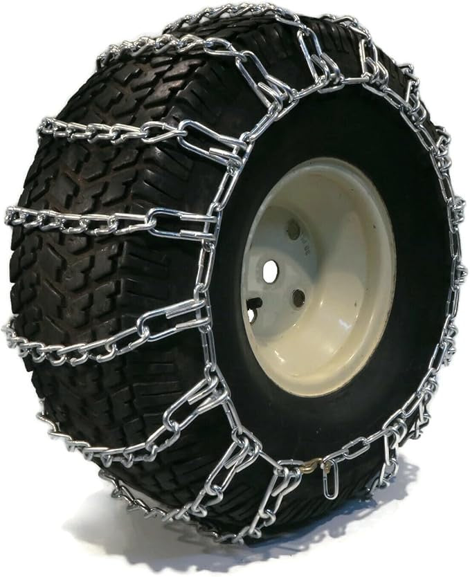 Heavy-duty two-link tire chains for lawn tractor rear tires, fits 20 to 23-inch diameters