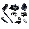 8-piece mini excavator attachment set with bucket, ripper, rake, auger and quick hitch