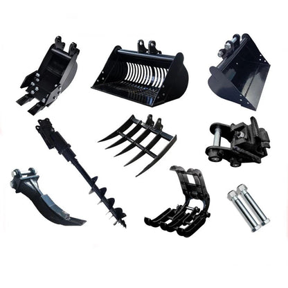 8-piece mini excavator attachment set with bucket, ripper, rake, auger and quick hitch