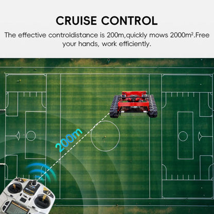Robot lawn mower on a soccer field with controller, demonstrating cruise control feature.