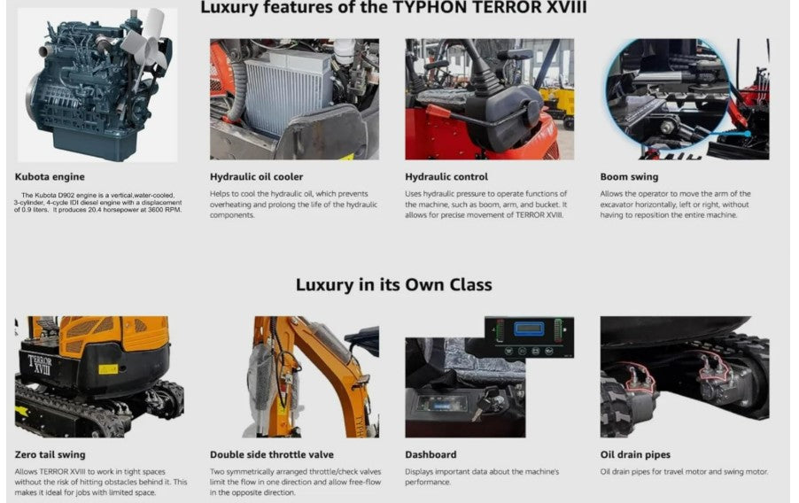 TYPHON Terror XVIII 2-Ton Mini Excavator – Kubota Diesel, A/C Cab