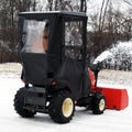 Universal hard-side winter cab enclosure for lawn tractors and riding mowers with hinged door