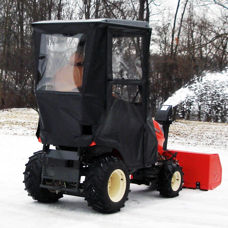 Universal hard-side winter cab enclosure for lawn tractors and riding mowers with hinged door