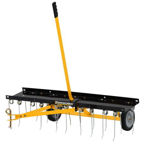 42-inch tow-behind dethatcher with 20 spring-steel tines and adjustable weight tray